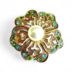 Vintage Gold Tone Floral Brooch Pearl Center Rhinestone Green Blue Flower Pin